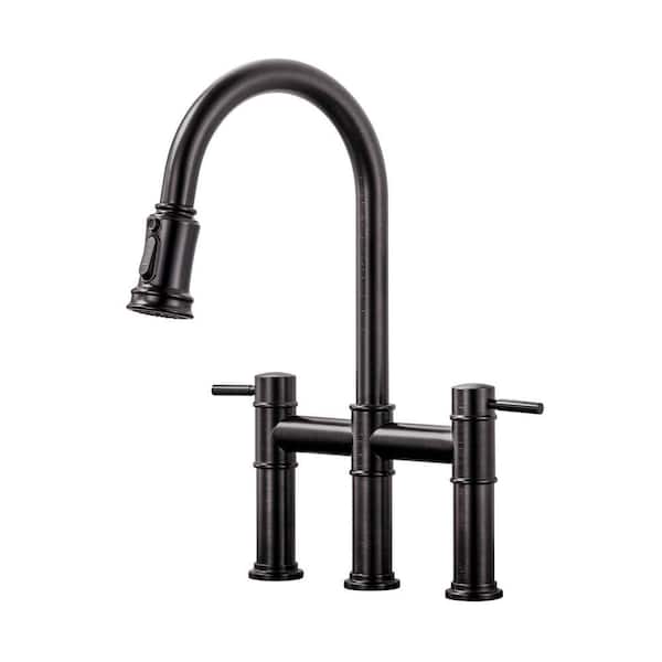 3-Hole Double Handle Brass Bridge Kitchen Faucet with 3-Mode Pull Down Sprayer and Supply Lines in Oil Rubbed Bronze