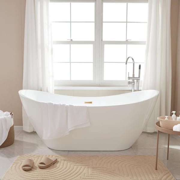 71 in. Acrylic Flatbottom Freestanding Bathtub in White/Titanium Gold