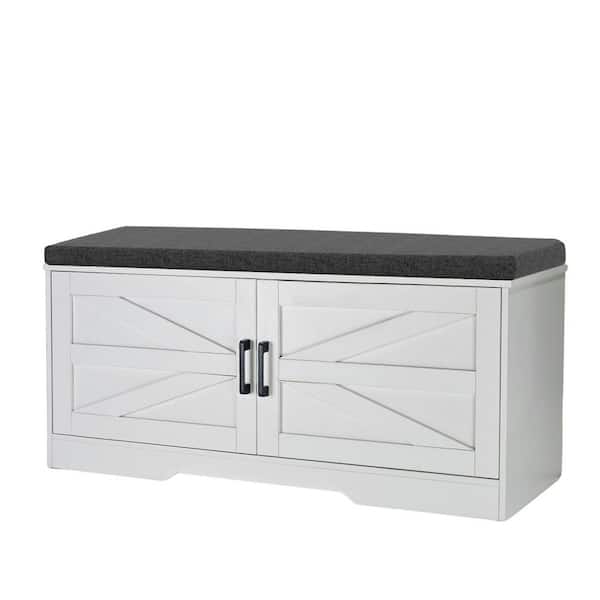Cheryl 17.72 in. H x 39.40 in. W White MDF Shoe Storage Bench with Padded Seat Cushion, Doors, Adjustable Shelves