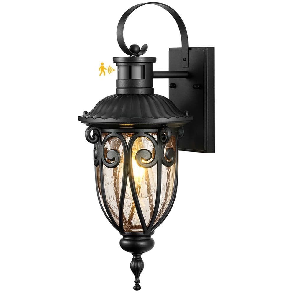 18.8 in. 1-Light Matte Black Hardwired Motion Sensor Dusk to Dawn Outdoor Wall Lantern Sconce, Seeded Glass price history on PriceWatchPro