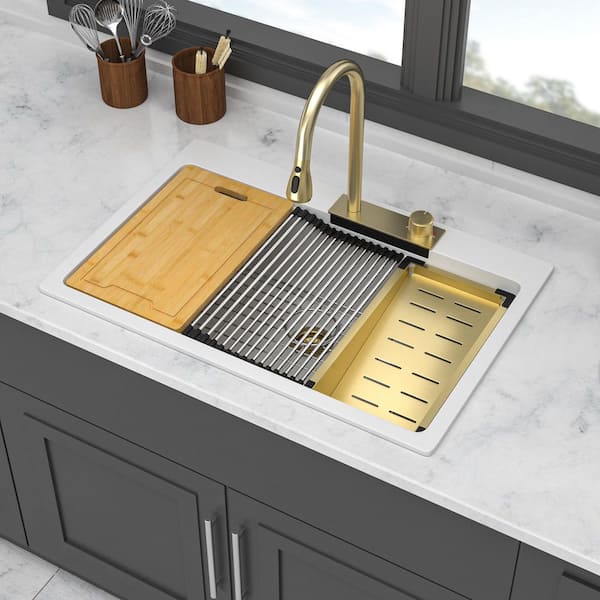 33 in. Drop in Single Bowl White Quartz Workstation Kitchen Sink with Pull-Out Faucet