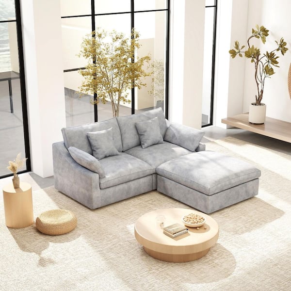 Magic Home 83 in. Square Arm Linen Oversized 3-Piece Comfy Loveseat Modular Sectional Sofa with Ottoman in Light Gray