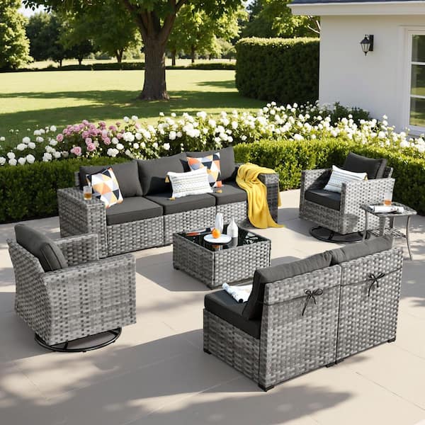 HOOOWOOO Tahoe Grey 9-Piece Wicker Wide Arm Outdoor Patio Conversation Sofa Set with Swivel Rocking Chairs and Black Cushions