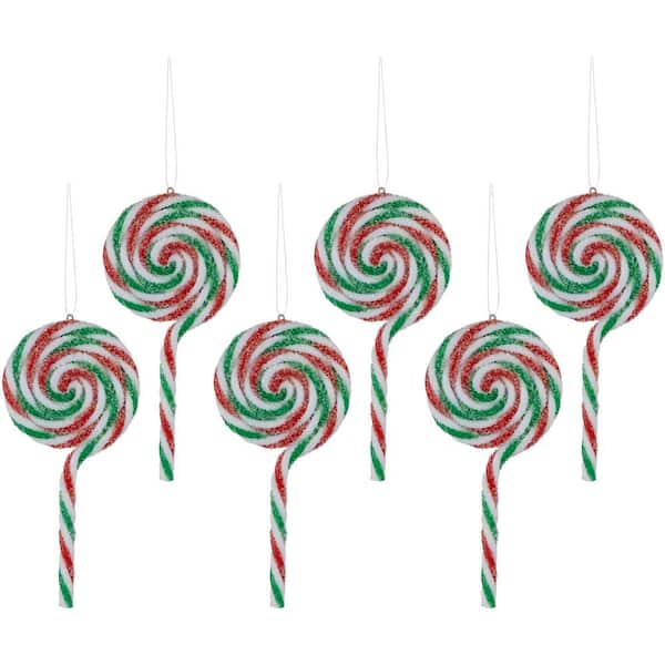 6ct Frosted White Green and Red Lollipop Christmas Ornaments 7"