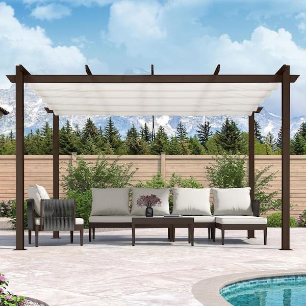 PURPLE LEAF 10 ft. x 12 ft. Bronze Aluminum Frame Outdoor Patio Pergola Gazebo with White Retractable Sun Shade Canopy for Deck
