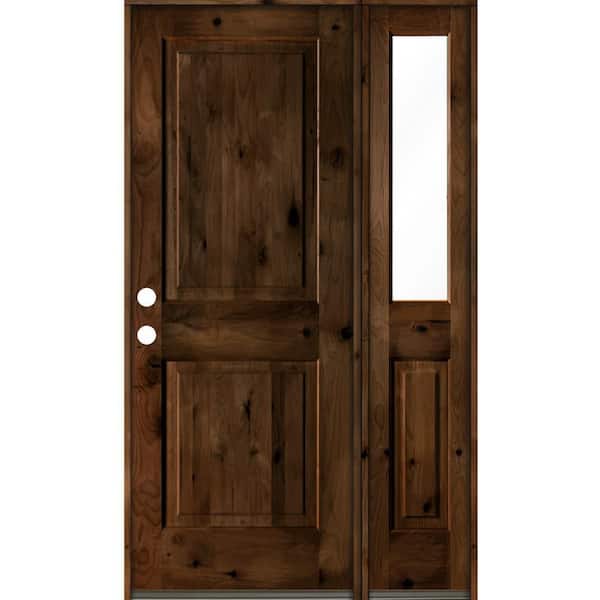 Krosswood Doors 44 in. x 80 in. knotty alder Right-Hand/Inswing Clear Glass Provincial Stain Square Top Wood Prehung Front Door w/RHSL