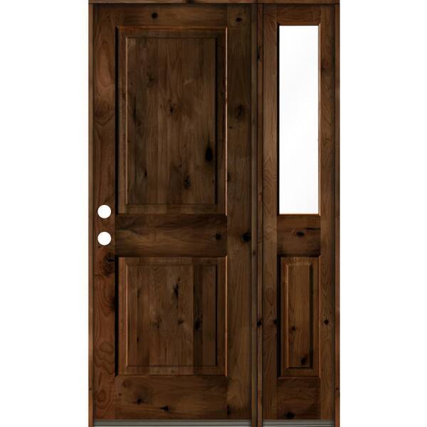Krosswood Doors 46 in. x 80 in. knotty alder Right-Hand/Inswing Clear Glass Provincial Stain Square Top Wood Prehung Front Door w/RHSL