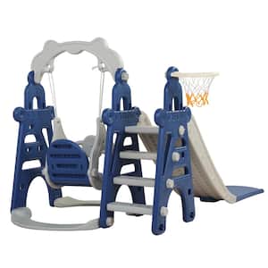 Kids Swing and Slide Set 3-in-1 Slide with Basketball Hoop for Indoor and Outdoor,Blue plus Gray