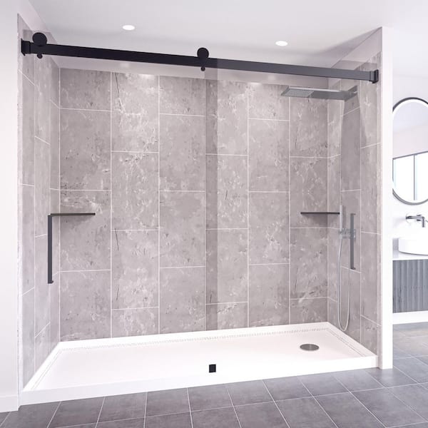 NuVo Platinum Grey-Tetherow 60-in x 30-in x 83-in Base/Wall/Door Rectangular Alcove Shower Stall/Kit Matte Black Right