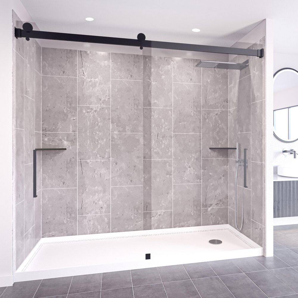 Platinum Grey-Tetherow 60 in. x 32 in. x 83 in. Base/Wall/Door Rectangular Alcove Shower Stall/Kit Matte Black Right price history on PriceWatchPro