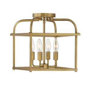 Meridian 12 in. W x 12.5 in. H 4-Light Natural Brass Semi-Flush Mount Ceiling Light with Metal Cage Frame