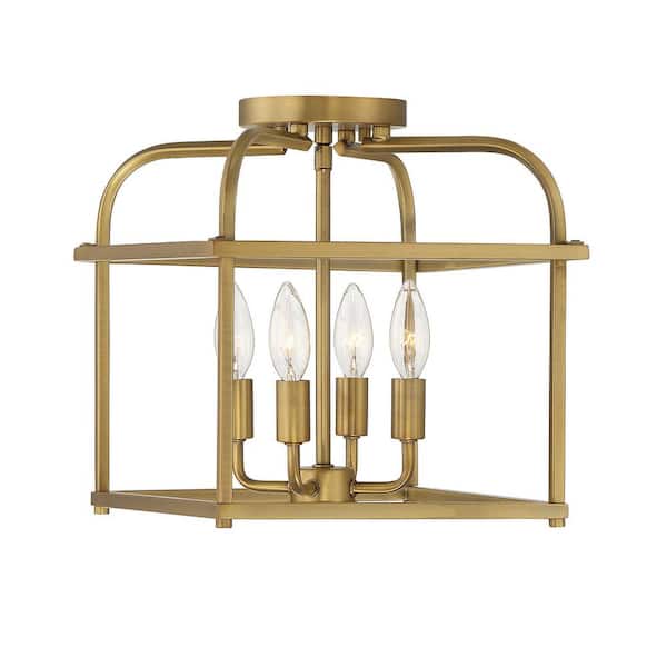 TUXEDO PARK LIGHTING 12 in. W x 12.5 in. H 4-Light Natural Brass Semi- Flush Mount Ceiling Light with Metal Cage Frame