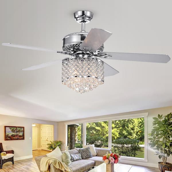 52-inch Chrome 5-Blades Crystal Chandelier Ceiling Fan With Remote 