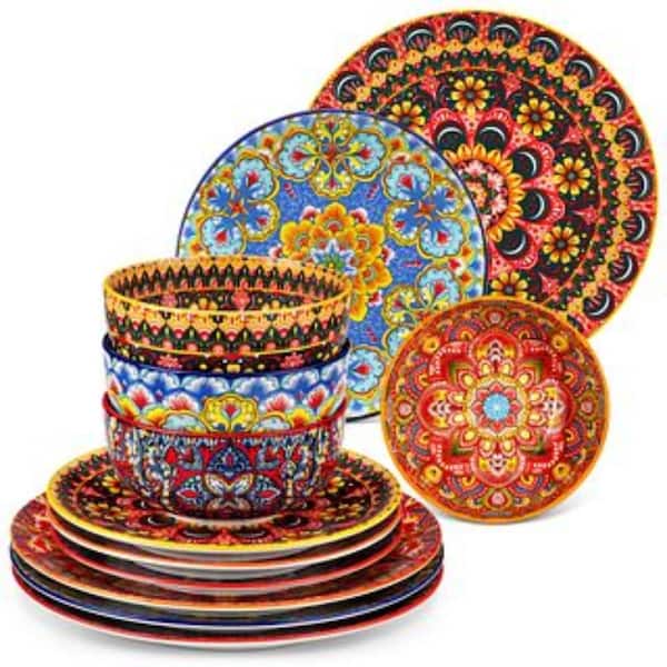 12-Piece Multi-colored Porcelain Dinnerware Set Service for 4 Bohemian Style Plates and Double-Sided Pattern Bowls Set