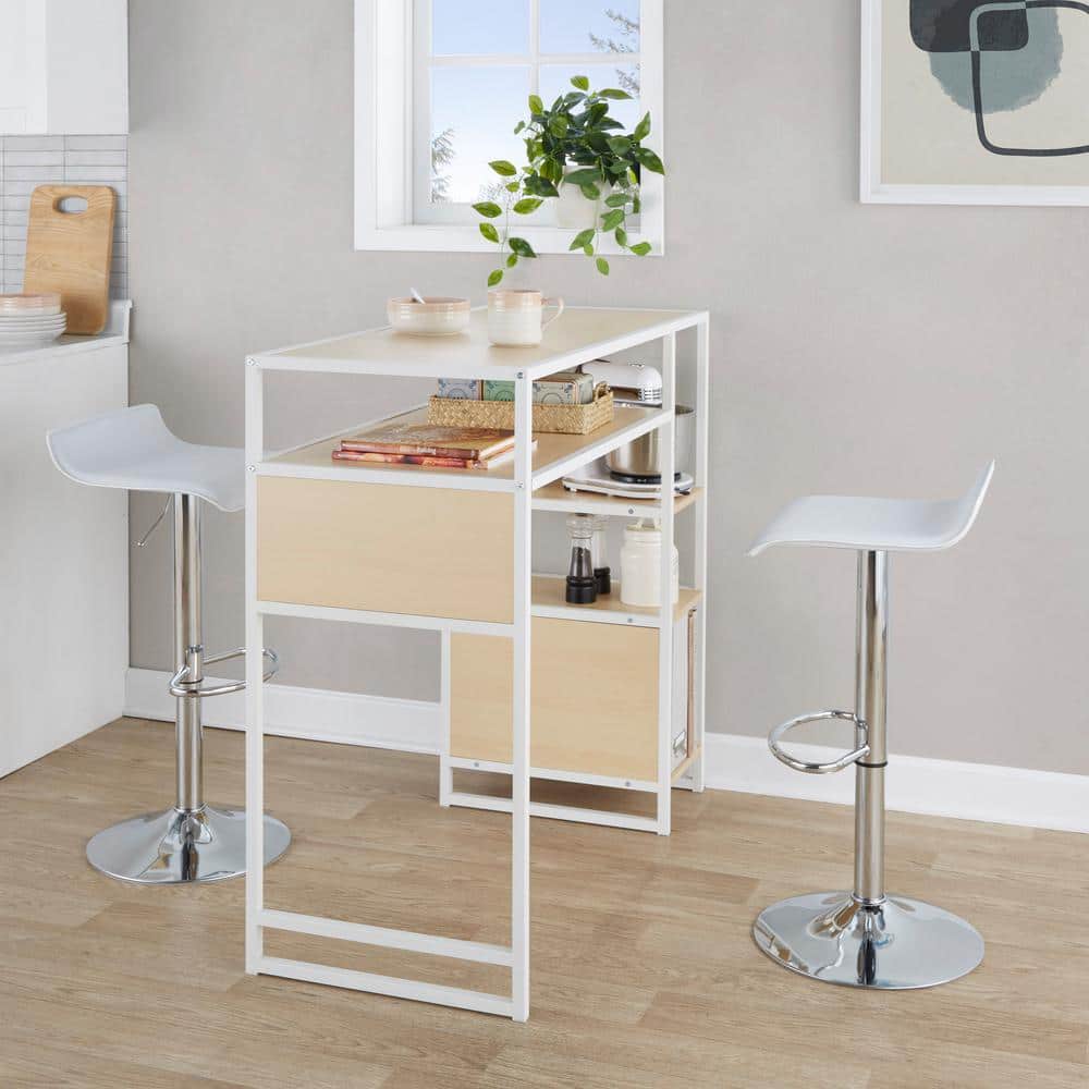Chrome and White Adjustable Bar Set with Natural Wood Table