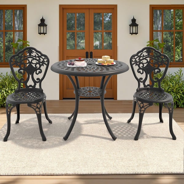 Willit Orchid Black 3-Piece of Cast Aluminum Outdoor Patio Dining Set with 30.71 in. Round Table and Armless Chairs