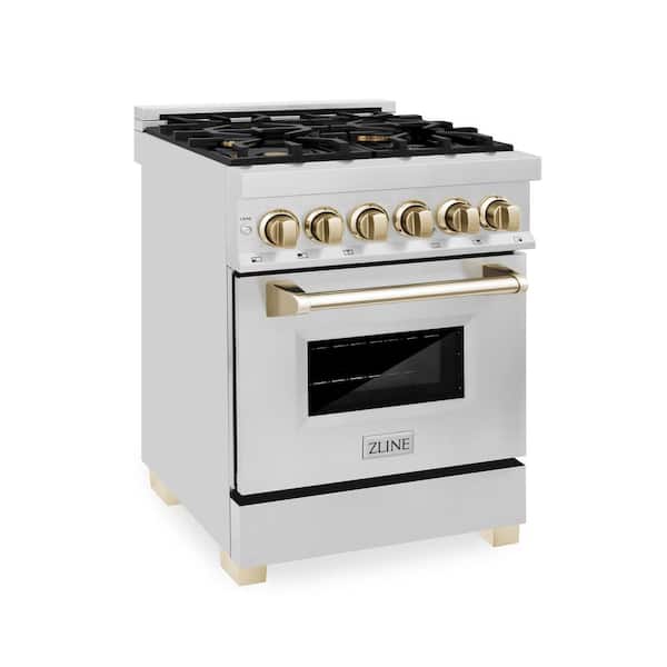 ZLINE Kitchen and Bath Autograph Edition 24 in. 4 Burner Dual Fuel Range in Stainless Steel and Polished Gold