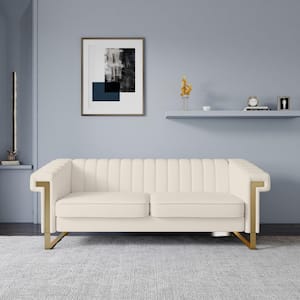 83.86 in. W Beige Square Arm Velvet Mid-Century Straight Channel-Tufted 3-Seater Sofa with Stainless Steel Leg