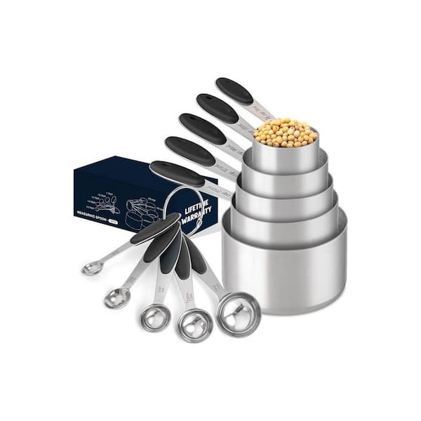 10-Piece Black Heavy Duty Measuring Cup and Spoon Set with Silicone Handles Dishwasher Safe Stackable Design