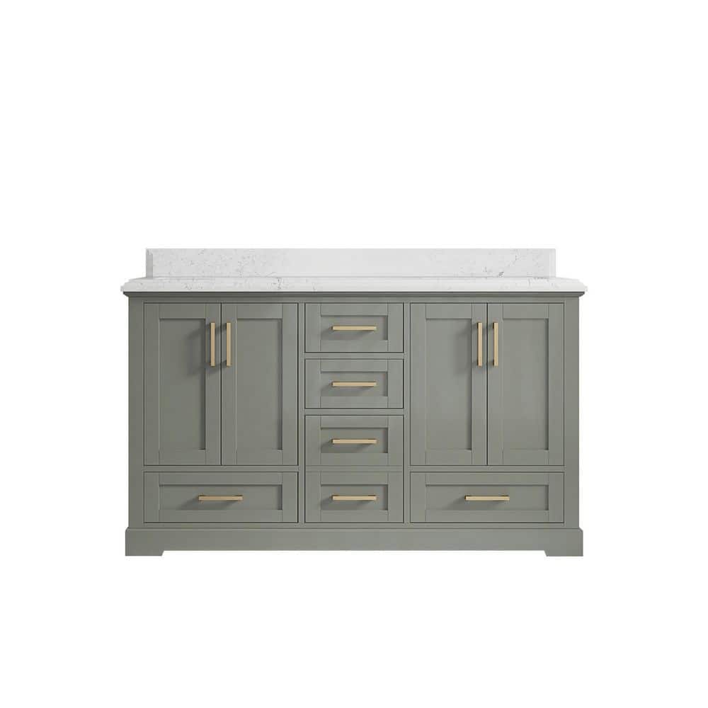 60" Evergreen Solid Wood Double Sink Bathroom Vanity with Empira Quartz Top