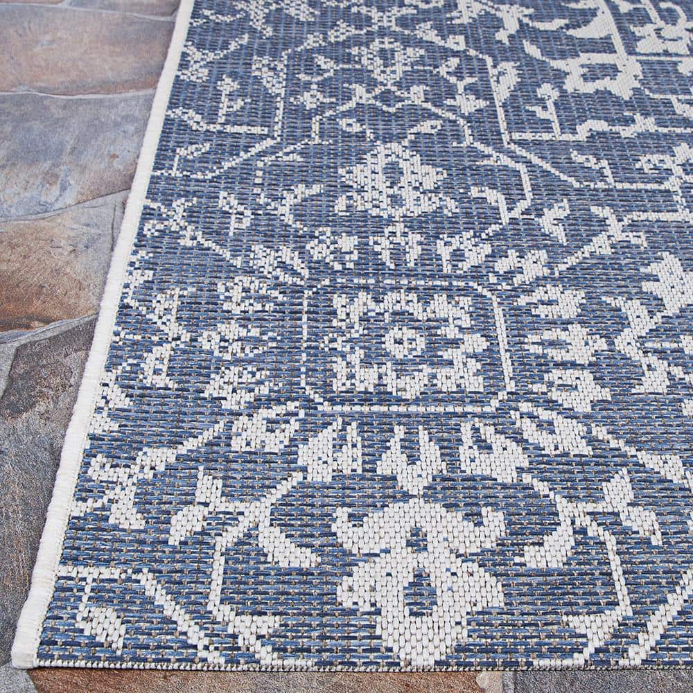 Navy-Ivory Floral Flatwoven Wool-Blend 8'6" x 13' Area Rug