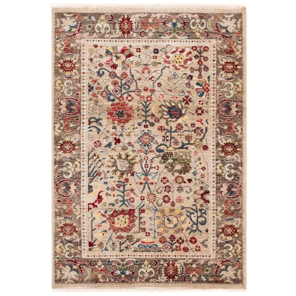 Kashan 4 ft. x 6 ft. Beige/Taupe Floral Border Area Rug