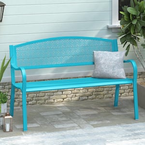 49 in. 2-Person Blue Metal Outdoor Garden Bench