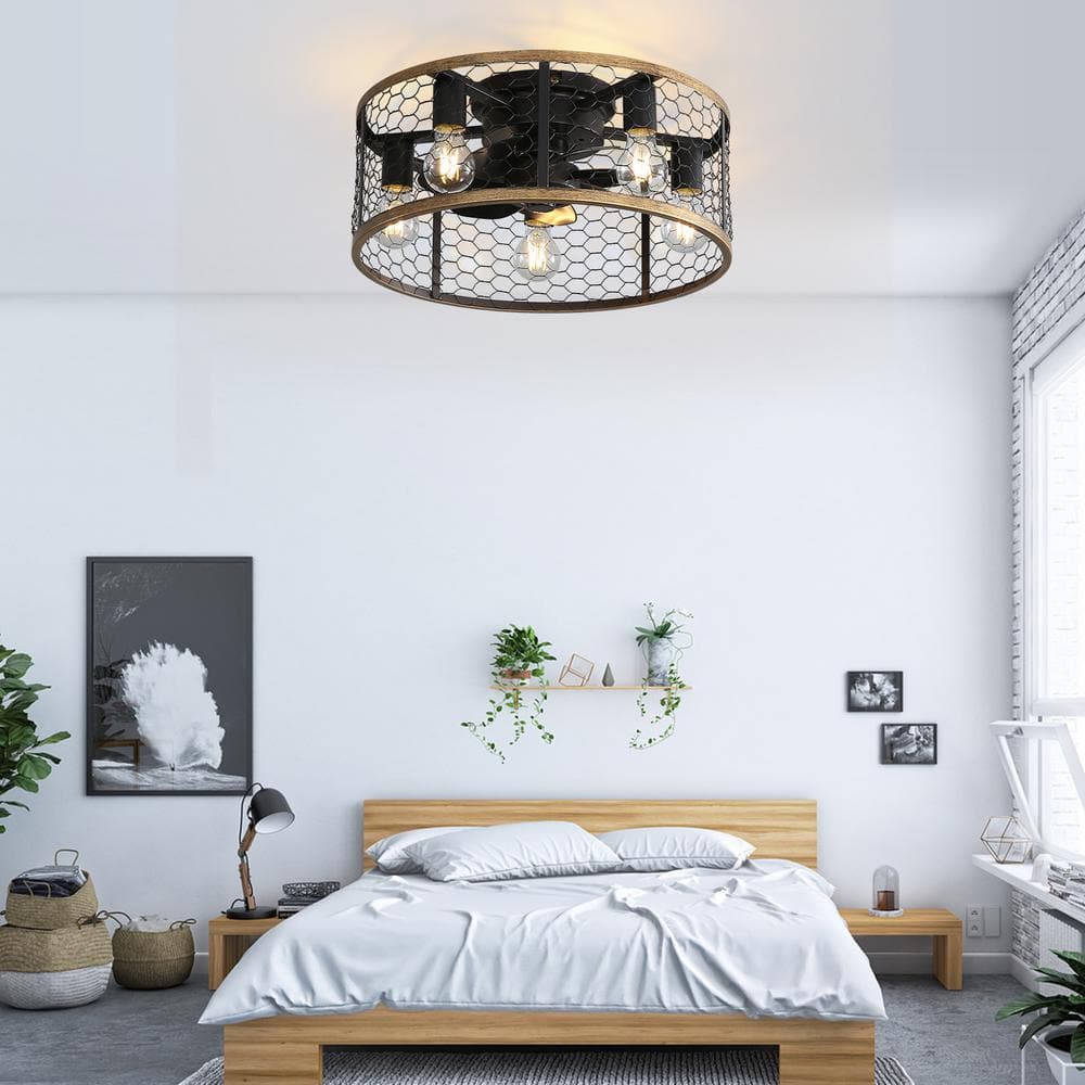 20 in. Black Industrial Low Profile Caged Ceiling Fan with Light and Remote