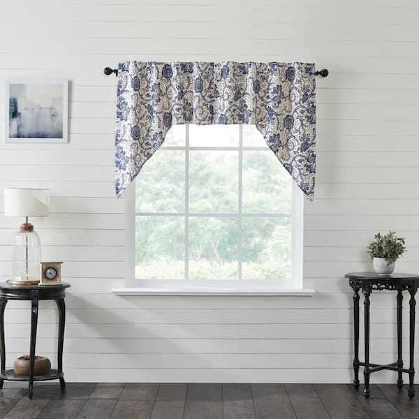 VHC BRANDS Dorset Floral 36 in. L Cotton Swag Valance in Navy Creme Pair