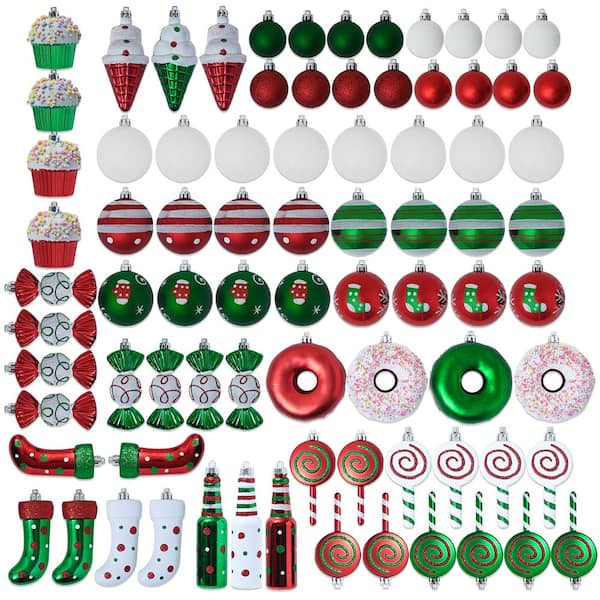 Candycane Christmas Ornament Set - Shatterproof Balls and Hanging Ornaments for Indoor/Outdoor Tree (82-Piece Set)