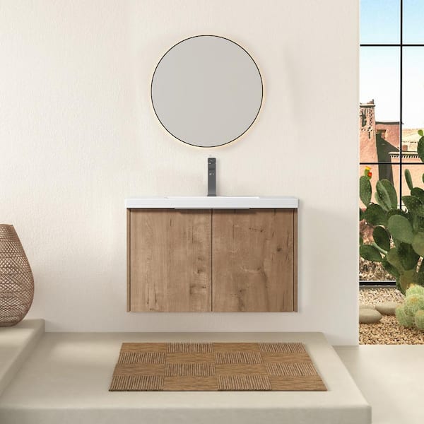 30 in. W Float Mounting Bathroom Vanity with White Sink and Top，in Yellow (Khaki), Modern or Simplicity