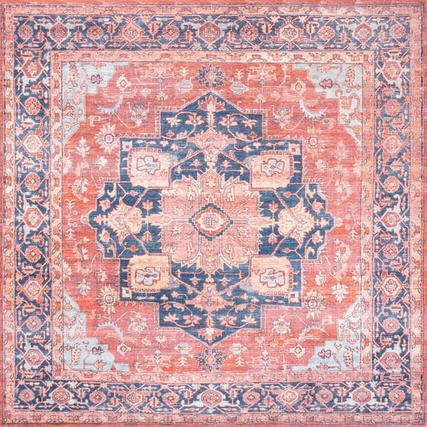 Maris Ornate Terracotta/Navy 8 ft. Medallion Machine-Washable Square Area Rug