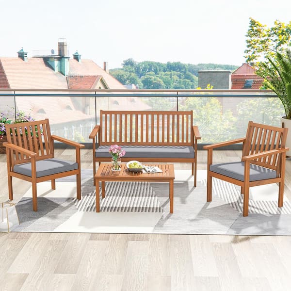 FORCLOVER 4-Piece Patio Acacia Wood Patio Conversation Set with Loveseat and Gray Cushions