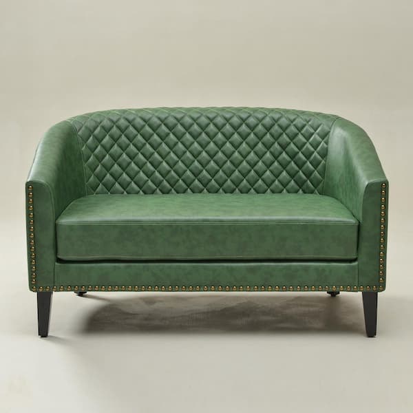 KINWELL Green 50 in. Tufted Faux Leather 2-Seater Upholstered Small Loveseat with Nailed Trim