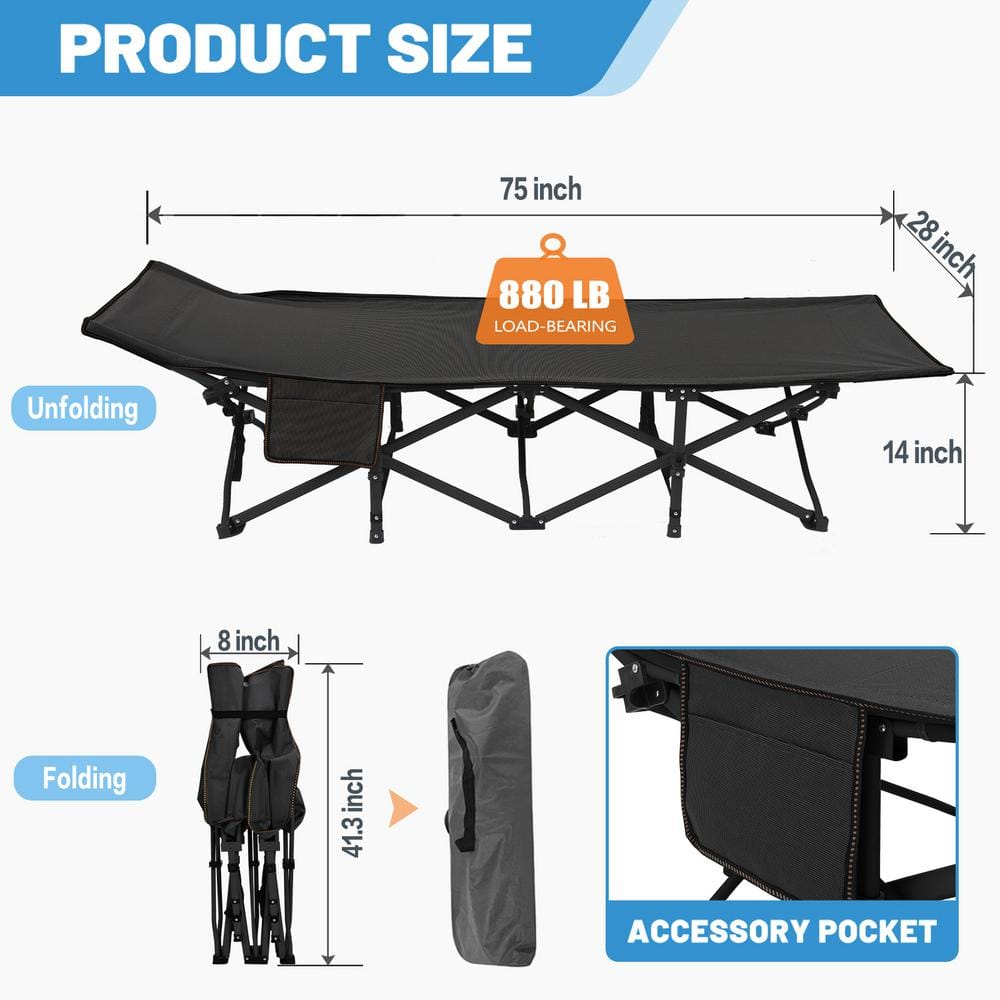 Black Steel Portable Folding Camping Cot with Cushion