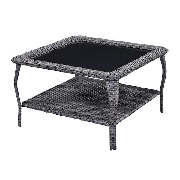 Pocassy Gray Square Wicker Outdoor Glass Large Side Table