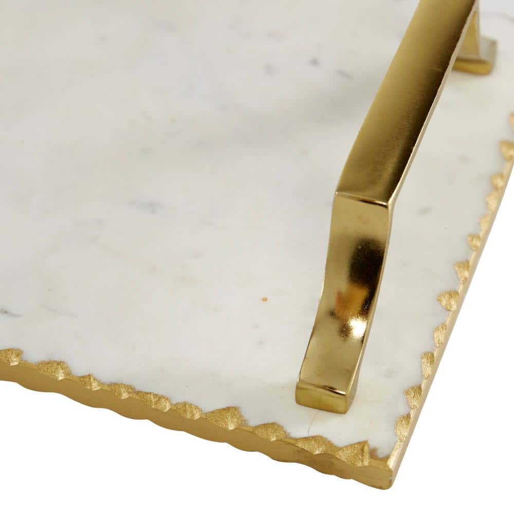 Gold and White Ceramic Rectangular Tray Set with Metal Handles