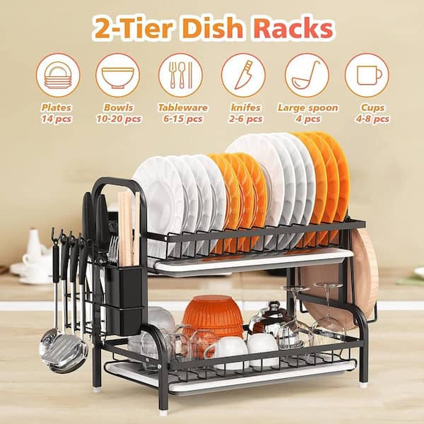 Black 2-Tier Stainless Steel Dish Racks for Kitchen Counter Sink