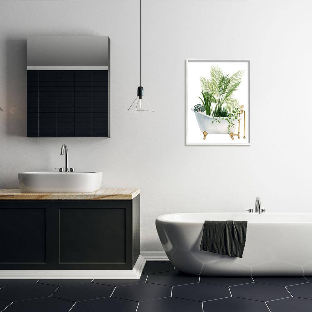 Vintage Tub with Greenery White Framed Canvas Art Print