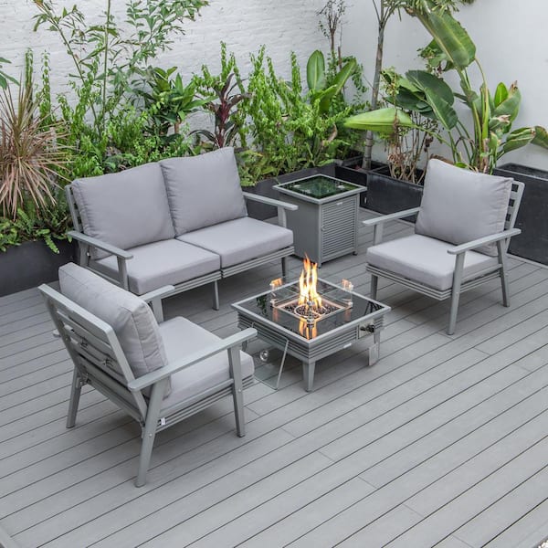 Leisuremod Walbrooke Grey 5-Piece Aluminum Square Patio Fire Pit Set with Grey Cushions, Slats Design and Tank Holder