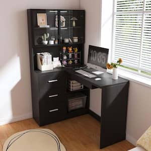 43.31 in. Black MDF L-Shaped Computer Desk Home Office Desk with Glass Cabinets Keyboard Tray and USB Charging Ports