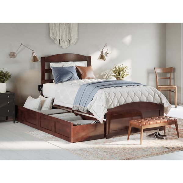 AFI Warren 38-1/4 in. W Walnut Twin Extra Long Solid Wood Frame with Footboard 2-Drawers and USB Charger Platform Bed