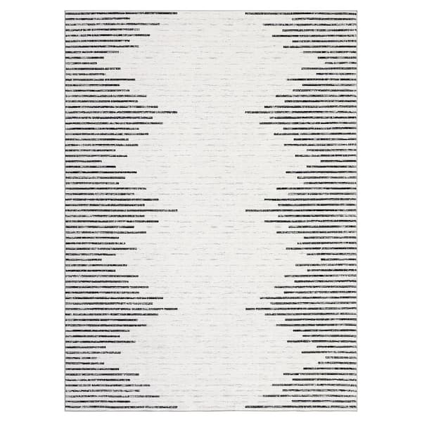 Washable Beige 10 ft. x 13 ft. Modern Striped Printed Rug Low Pile Soft Thin Carpet Stain Resistant Non-Slip, Area Rug