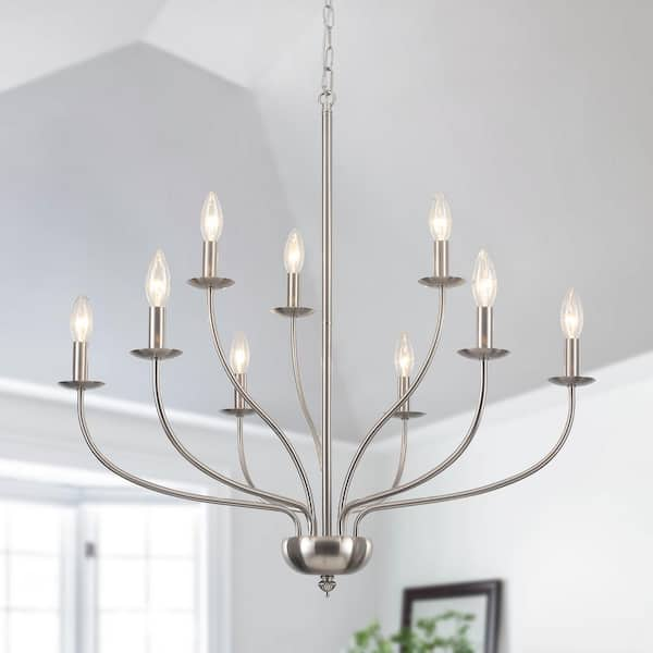 9-Light Transition Nickel Candlestick Chandelier Modern Pendant Light for Dining Room