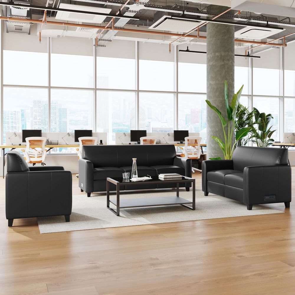Agent Faux Leather High Back Upholstered 3-Piece Reception Chair Set in Black with Arms, Charging Banks, Solid Wood Legs