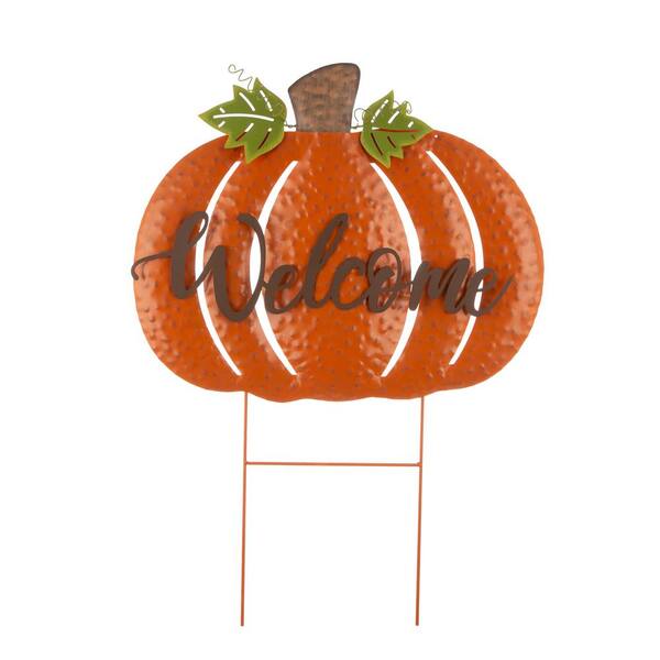 Glitzhome 29.72 in. H Fall Metal Pumpkin Yard Stake/Standing/Hanging Sign (KD, 3-Function)