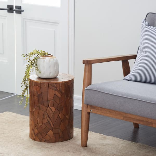 Litton Lane 12 in. Brown Handmade Medium Round Wood End Accent Table with Mosaic Wood Chip Design