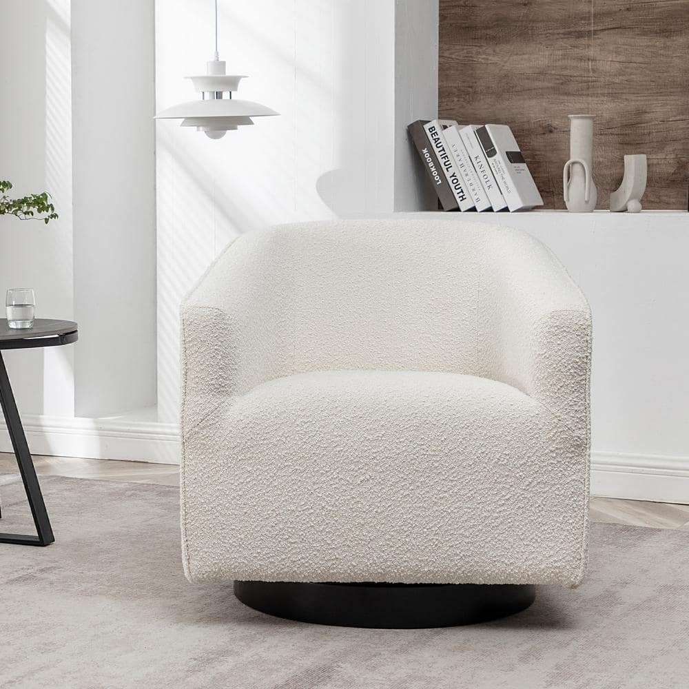 KINWELL White Poly Blend Boucle Upholstered Swivel Barrel Chair BSC105 ...