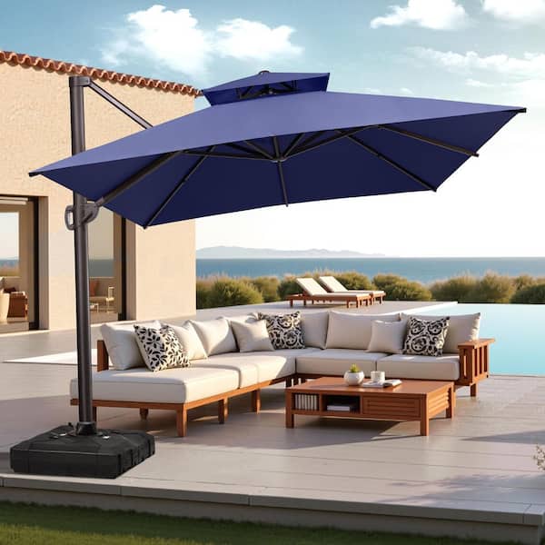 Double Top 13 ft. x 10 ft. Large Outdoor Cantilever Offset 360° Rotation Patio Umbrella in Navy Blue with 350 lbs. Base