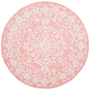 Micro-Loop Pink/Ivory 3 ft. x 3 ft. Floral Border Round Area Rug